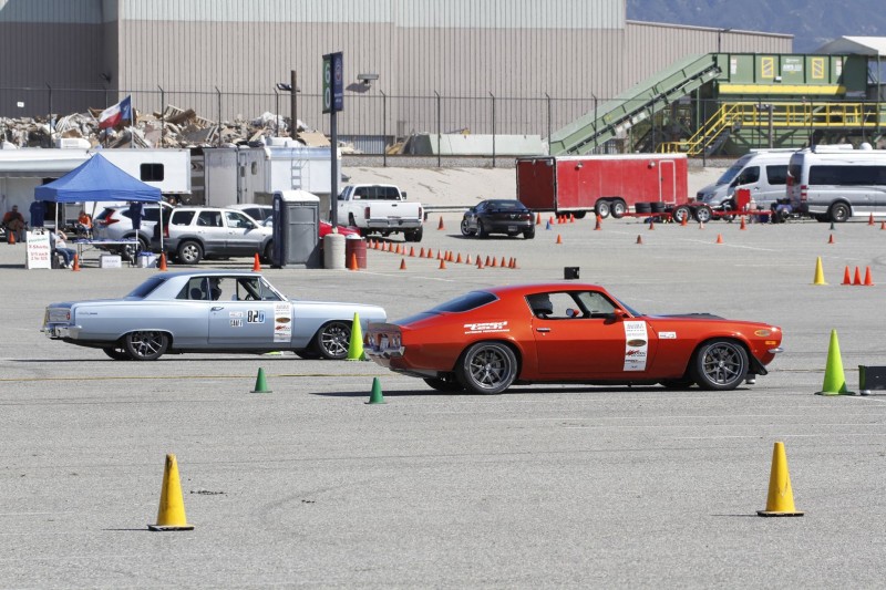 Kevin Reidy 1965 Chevelle Nick Relampagos 1970 Camaro SCCA ProSolo Fontana CAM Autocross 2017 rolling up to staging lights
